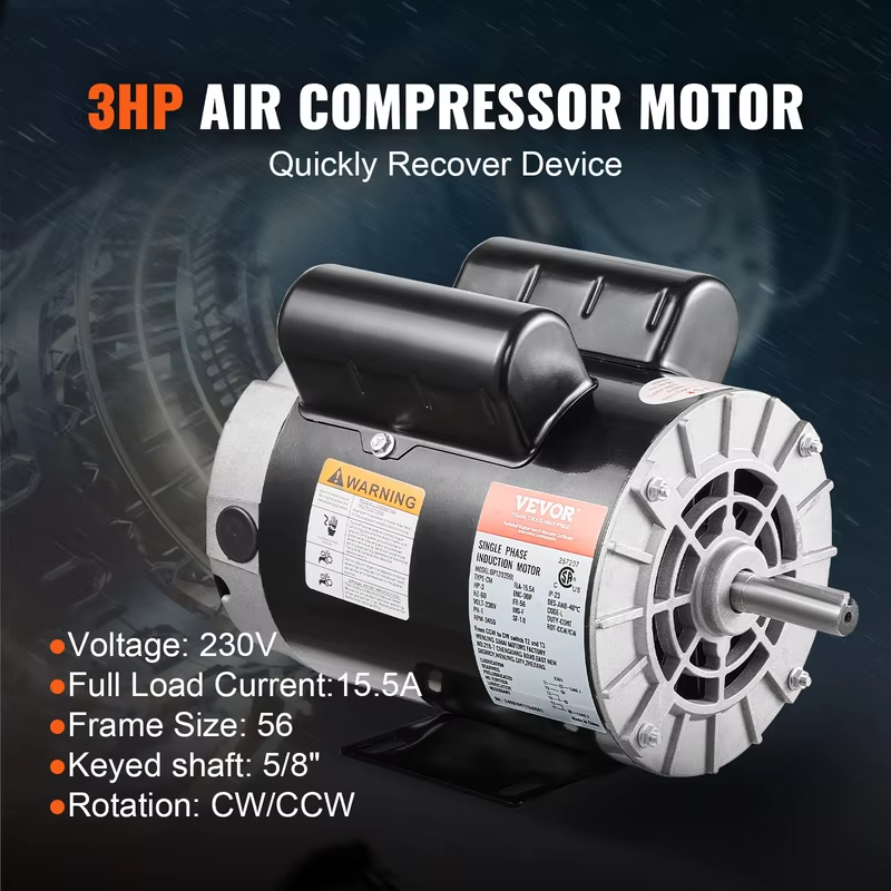 SucceBuy 2/3/3.7HP Air Compressor Motor 230V Single Phase Electric Motor 3450RPM CW/CCW Rotation Motor for Air Compressors