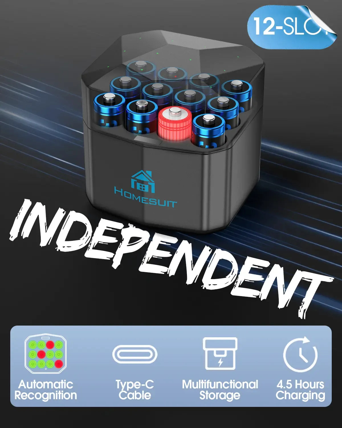 Homesuit Rechargeable Lithium AA Batteries with Charger 12 Bay, 1.5 Volt High Power 3600mWh Lithium Batteries AA Rechargeable, Li-ion Double A Battery 12 Pack Recharge up to 2000+ Cycles, Blue