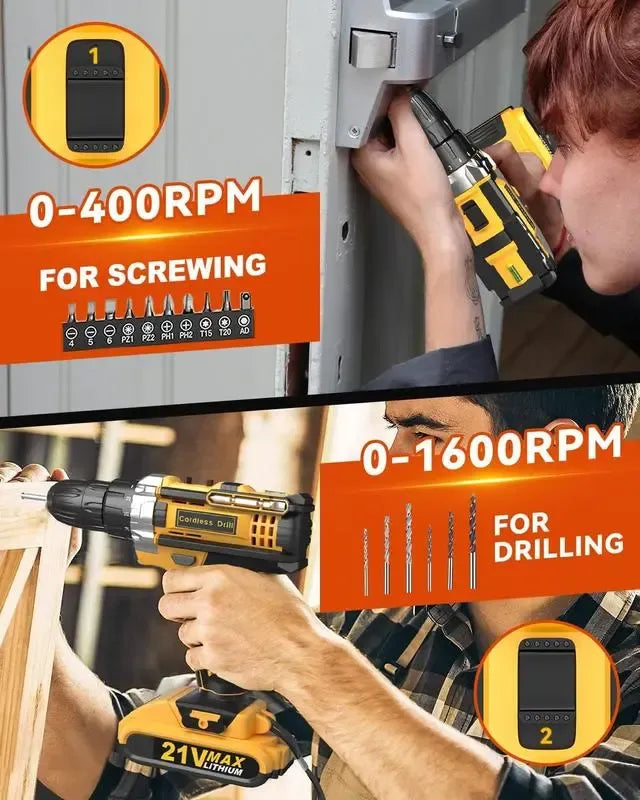 【DealsForYouDays】Cordless Drill Tool Set  21V Electric Power Drill with 2.0AhLithium-ion Battery and Charger–USB/Type-C Rechargeable, Portable, All-in-One DIY & Home Toolbox Kit,Blackfriday,Christmas Gift