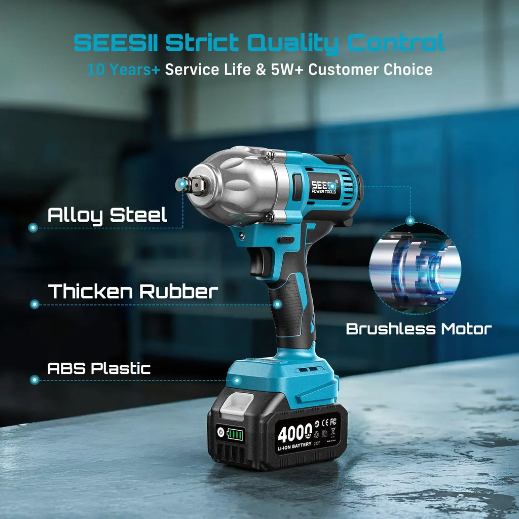 SEESII Cordless Impact Wrench 1/2-inch, High Torque 1200N.m,4.0Ah Battery, 3300RPM, 6 Sockets, Electric Impact Driver, Gift for Home, Vehicles & Men, WH710 Pro DealsForYouDays