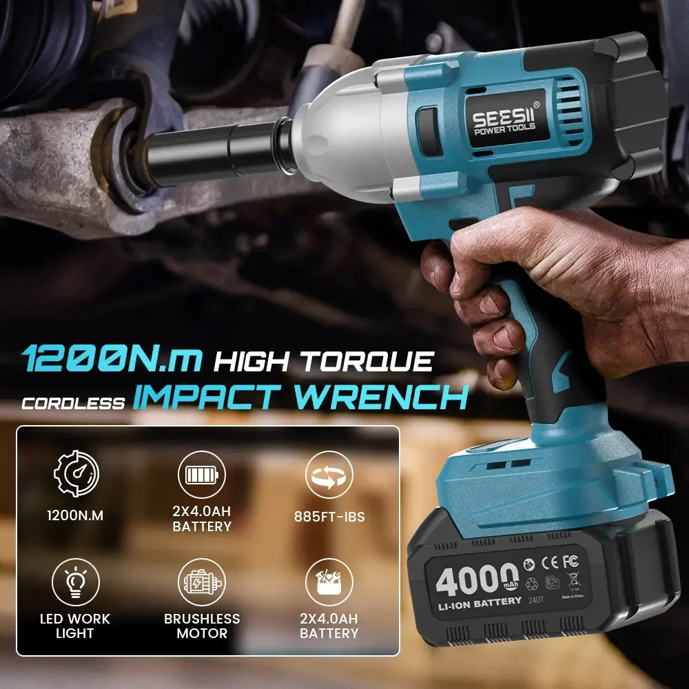 SEESII Cordless Impact Wrench 1/2-inch, High Torque 1200N.m,4.0Ah Battery, 3300RPM, 6 Sockets, Electric Impact Driver, Gift for Home, Vehicles & Men, WH710 Pro DealsForYouDays