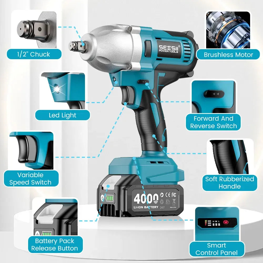 SEESII Cordless Impact Wrench 1/2-inch, High Torque 1200N.m,4.0Ah Battery, 3300RPM, 6 Sockets, Electric Impact Driver, Gift for Home, Vehicles & Men, WH710 Pro DealsForYouDays