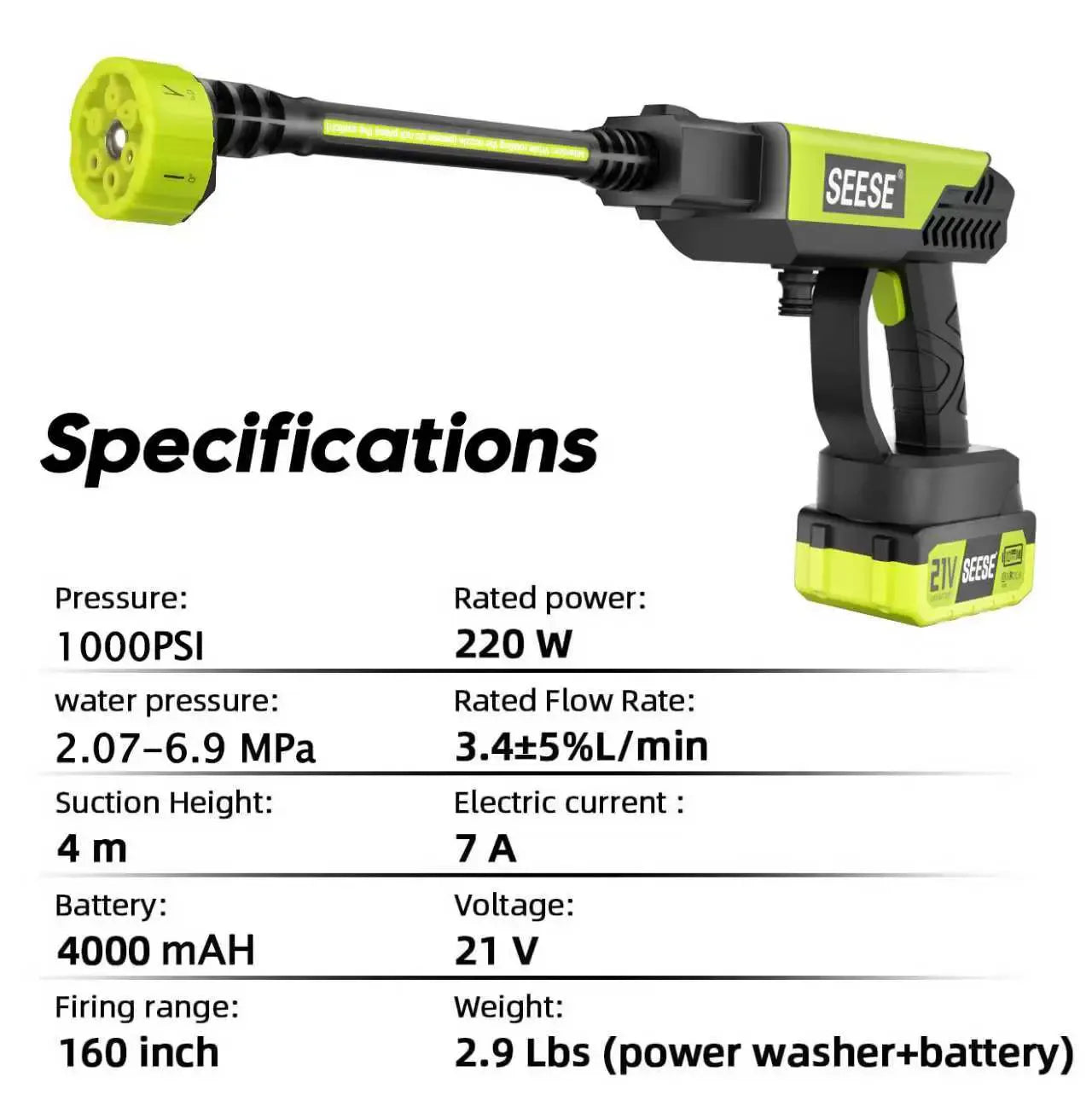 【DealsForYouDays】SEESE Portable 21V Cordless Pressure Washer Compact Power Washer for Car Patio & Garden Cleaning with Accessories
