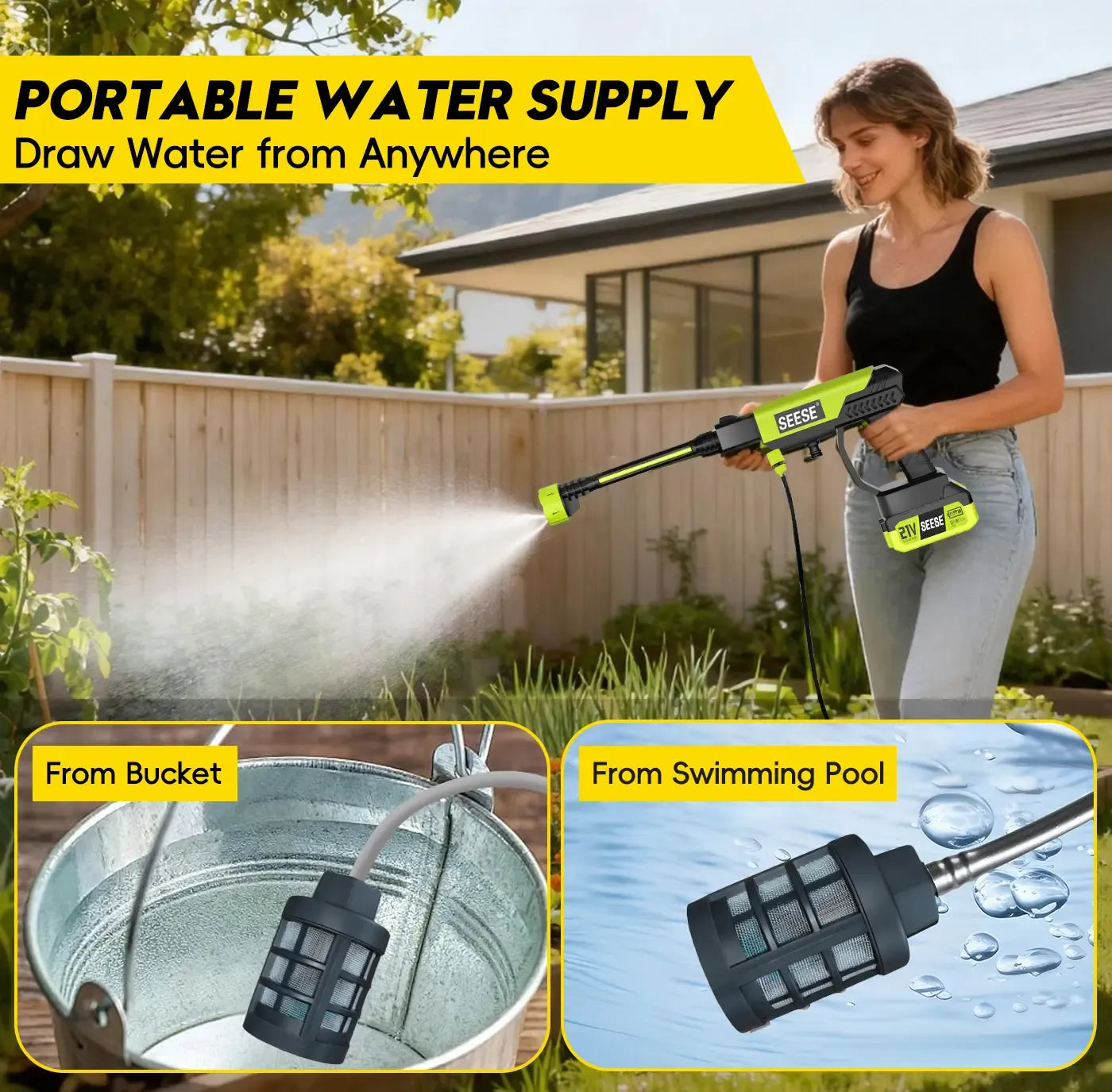 【DealsForYouDays】SEESE Portable 21V Cordless Pressure Washer Compact Power Washer for Car Patio & Garden Cleaning with Accessories