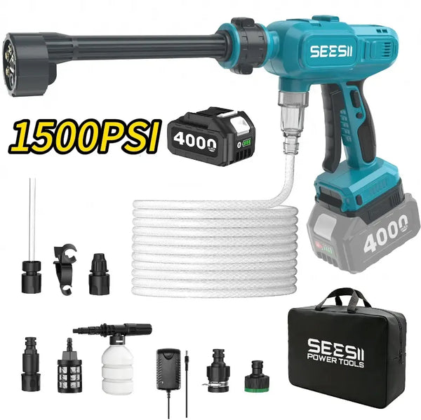 SEESII Cordless Washer Battery Powered, 1500 PSI High Pressure Portable Cordless Car Washer,one 4000mAh Batteries Portable Power Washer with 6-in-1 Nozzle & Foam Cannon for Car Home Garden Patio Fence Cleaning DealsForYouDays