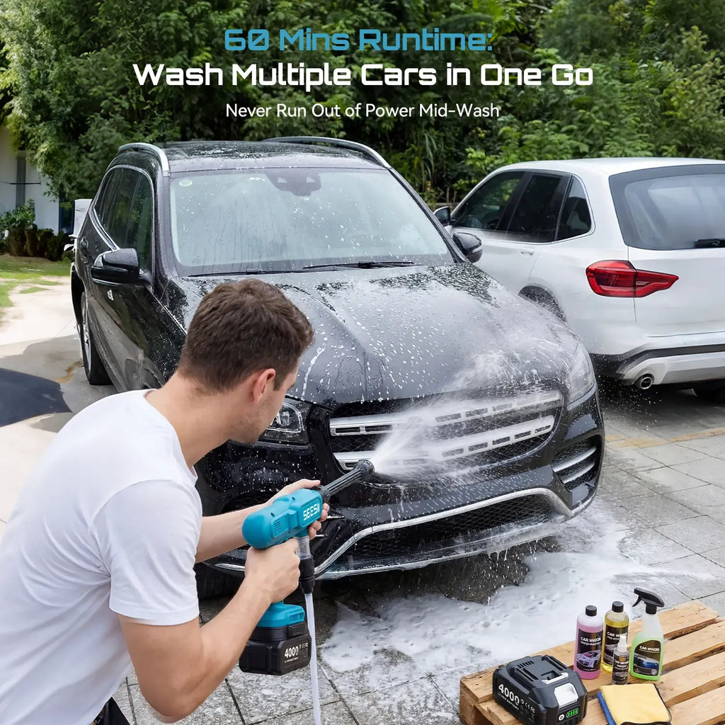SEESII Cordless Washer Battery Powered, 1500 PSI High Pressure Portable Cordless Car Washer,one 4000mAh Batteries Portable Power Washer with 6-in-1 Nozzle & Foam Cannon for Car Home Garden Patio Fence Cleaning DealsForYouDays