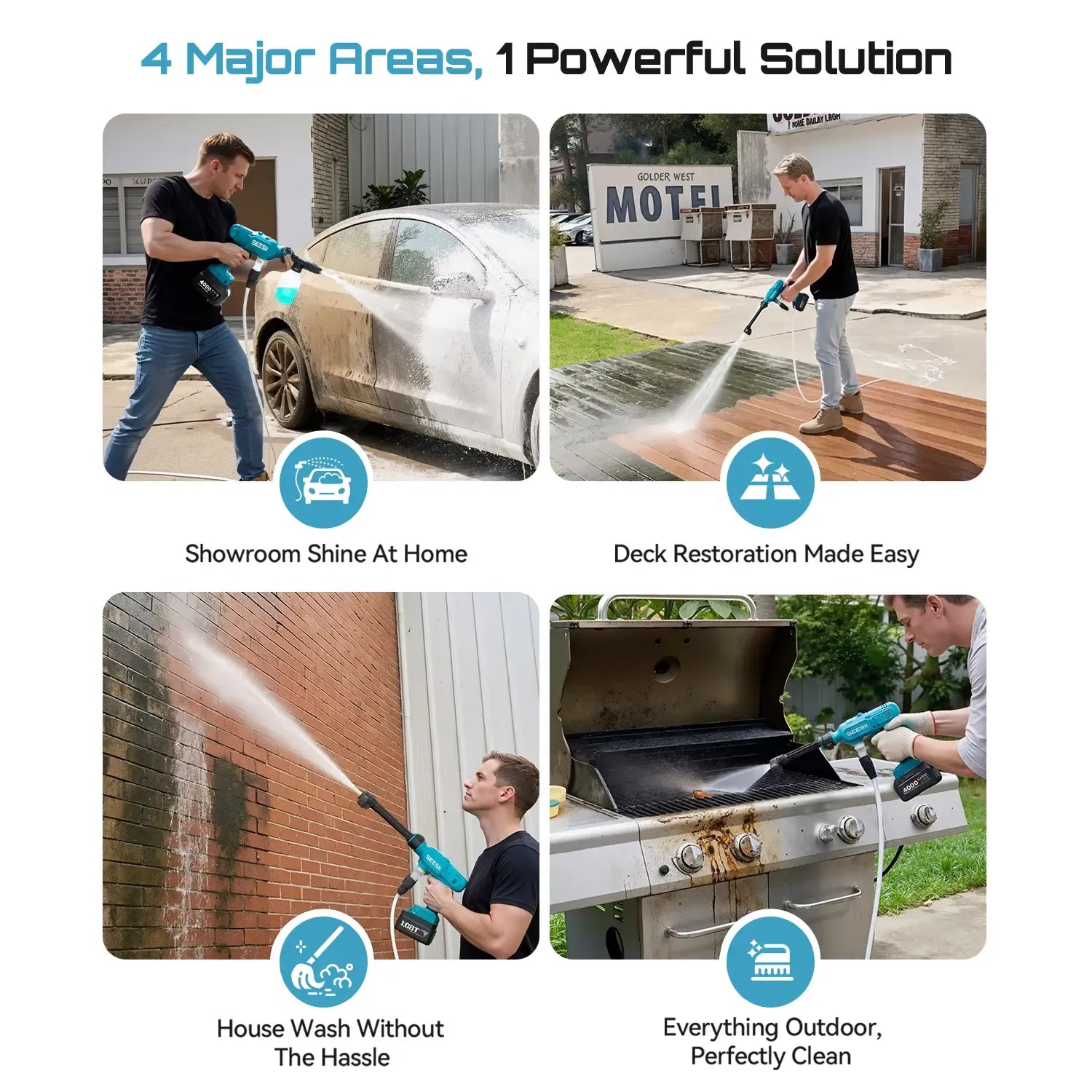 SEESII Cordless Washer Battery Powered, 1500 PSI High Pressure Portable Cordless Car Washer,one 4000mAh Batteries Portable Power Washer with 6-in-1 Nozzle & Foam Cannon for Car Home Garden Patio Fence Cleaning DealsForYouDays