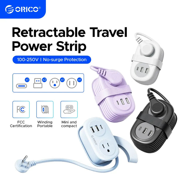 ORICO Travel Power Strip, 3.7FT Small Extension Cord, Portable Power Strip Flat Plug with 2 AC Outlets 3 USB Ports (1 USB C), Multi Plug Extension Cord for Travel, Cruise, Office, Hotels -AP3-2A2U1C