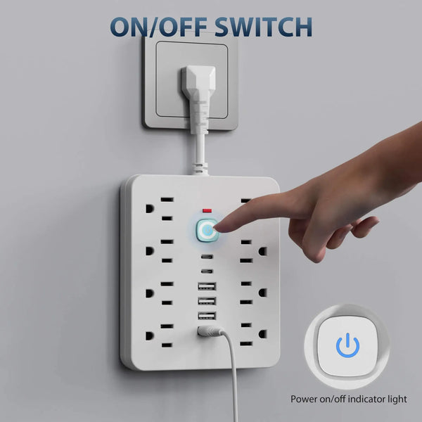 14-in-1 Multifunctional Power Strip, Surge Protector Outlet with Switch and Surge Protection - 8 AC Outlets, 4 USB Ports and 2 Type-C Ports - Power Socket Extender, Wall Outlet Extender for Home, Office & Travel