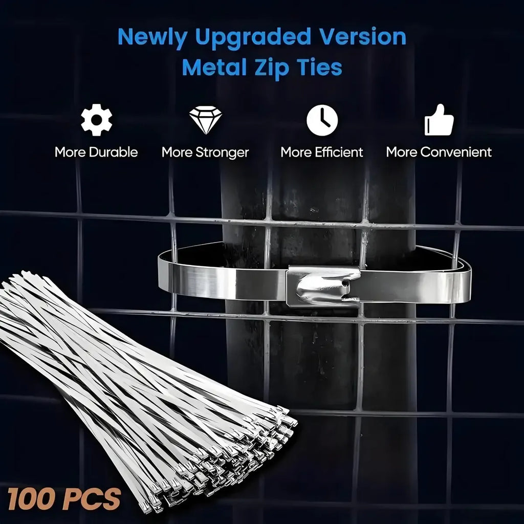 100-Pack 304 Stainless Steel Zip Ties, 11.8 Inches Heavy Duty Self-Locking Cable Ties, 200 Lbs Strength UV Resistant Bundling Cables Tool for Industrial, Automotive Use