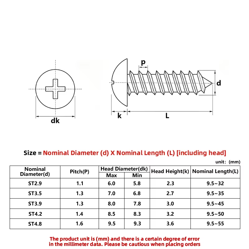 304 Stainless Steel Mushroom Truss Head Self-Tapping Screws JISB1122 Phillips Cross Head Self Tapping Fasteners ST2.9-ST4.8